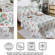 FADFAY Sheets Set Queen Pink Rose Floral Bedding Romantic French Country Peony Floral Sheets Vintage Farmhouse Bedding 100% Cotton Breathable Bedding with Deep Pocket Fitted Sheet 4Pcs, Queen Size