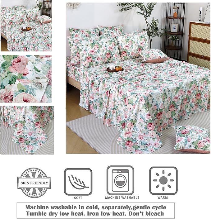 FADFAY Sheets Set Queen Pink Rose Floral Bedding Romantic French Country Peony Floral Sheets Vintage Farmhouse Bedding 100% Cotton Breathable Bedding with Deep Pocket Fitted Sheet 4Pcs, Queen Size