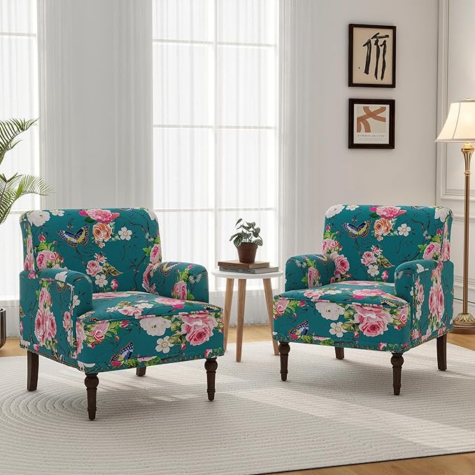Accent Chair, Mid Century Modern Comfy Armchair for Living Room, Linen Fabric Single Sofa Lounge for Reading Bedroom Apartment Waiting Room with Wood Legs (Floral, Set of 2)