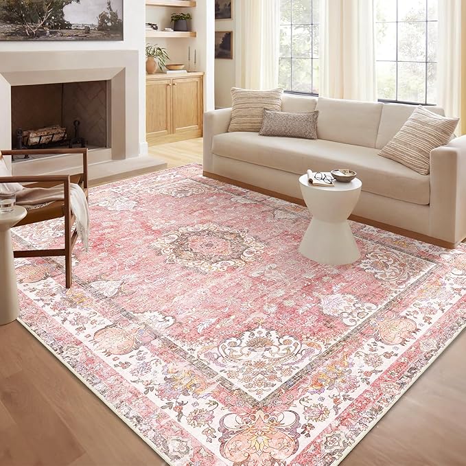 5'x7' Area Rugs Washable,Pink Rug for Living Room Bedroom,Large Boho Vintage Bohemian Distressed Oriental Carpet Non Slip,Blush Floral Flowers