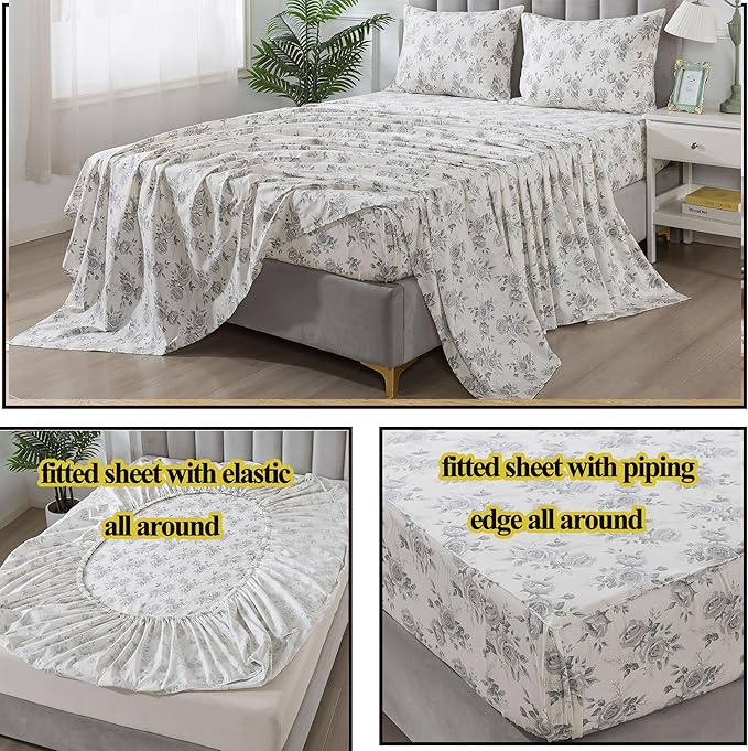 FADFAY Rose Sheets Set Queen Rustic Peony Floral Bedding Botanical Leaves Sheets Vintage Farmhouse Bedding 100% Cotton Ultra Soft Breathable Collection with Deep Pocket Fitted Sheet 4Pcs, Queen Size