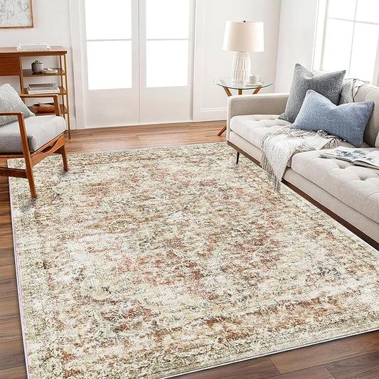 Washable Area Rug 3'x5' Vintage Traditional Floor Cover Foldable Thin Rugs Retro Kitchen Indoor Distressed Non Slip Carpet Floral Print Mat Bedroom Living Room