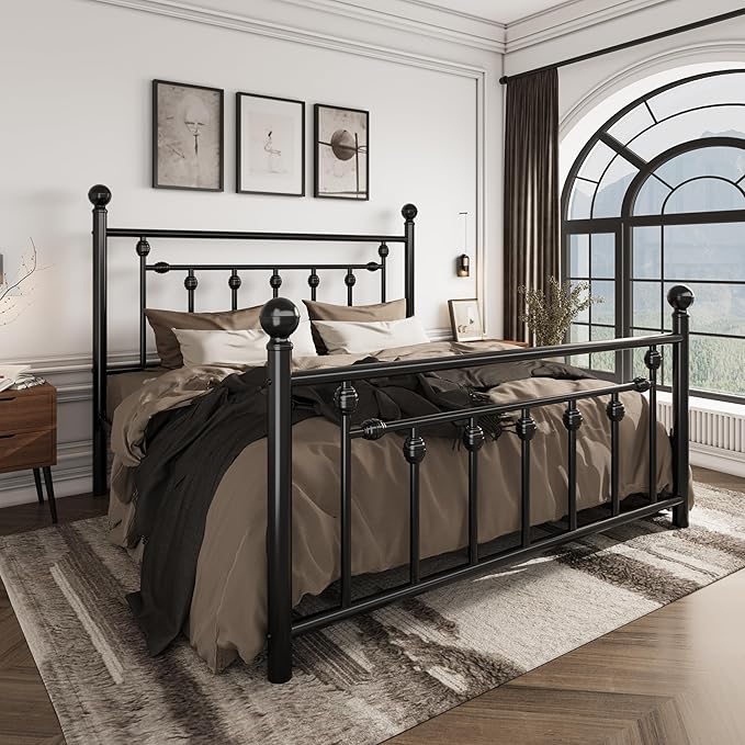 SHA CERLIN 14'' Queen Size Metal Platform Bed Frame/Victorian Headboard and Footboard/Steel Slats Mattress Foundation for Storage/No Box Spring Needed/Noise Free/Black