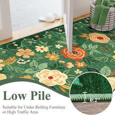 DUKINO 4x6 Area Rug, Lightweight Non Slip Washable Floral Rug, Indoor Low Pile & Non-Shedding Boho Design Rugs for Bedroom, Living Room, Dining Room, Dark Green