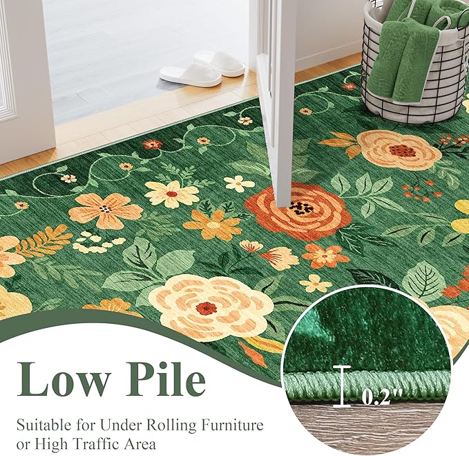 DUKINO 2x4 Rug for Entryway, Washable Kitchen Floral Runner Rug with Non Slip Backing, Low Pile Soft Boho Carpet for Kitchen, Hallway, Entryway, Laundry, Bedroom, Dark Green