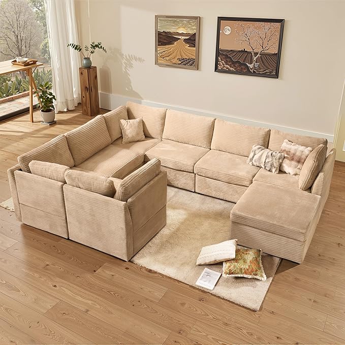 Large 8 Seat Modular Sectional Sofa with Ottoman Seat Corduroy Sleeper Sectional Sofa Bed Oversized Convertible Modular Couch for Living Room