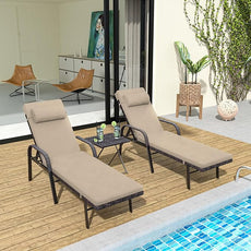 Patio Chaise Lounge Set 3 Pieces Pool Lounge Chairs,Cushioned Outdoor Folding Lounge Chair w/Arm and Rattan Adjustable Backrest for Poolside Porch,Folding Table Included,Sand