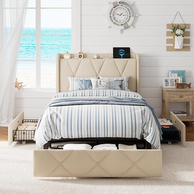 Twin Bed Frame with 4 Storage Drawers, Upholstered Platform Bed with Charging Station, Modern Wingback Storage Headboard, Easy Assembly,Noise-Free, Beige