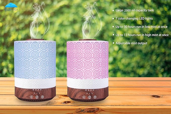 BlueHills 2500 ML XL Essential Oil Diffuser for Large Room Aroma Humidifier Home Decor Bed Baby Room Big Huge 2.5 L Capacity Long Run Color Lights Decorative Design High Mist Dark Wood Grain F004