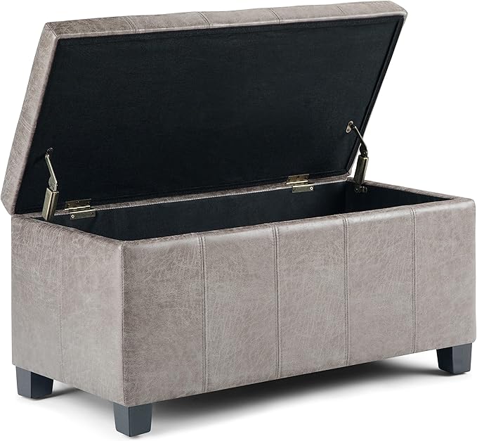 SIMPLIHOME Dover 36 inch Wide Contemporary Rectangle Storage Ottoman Bench in Distressed Grey Taupe Vegan Faux Leather, Assembled, For the Living Room, Entryway and Family Room