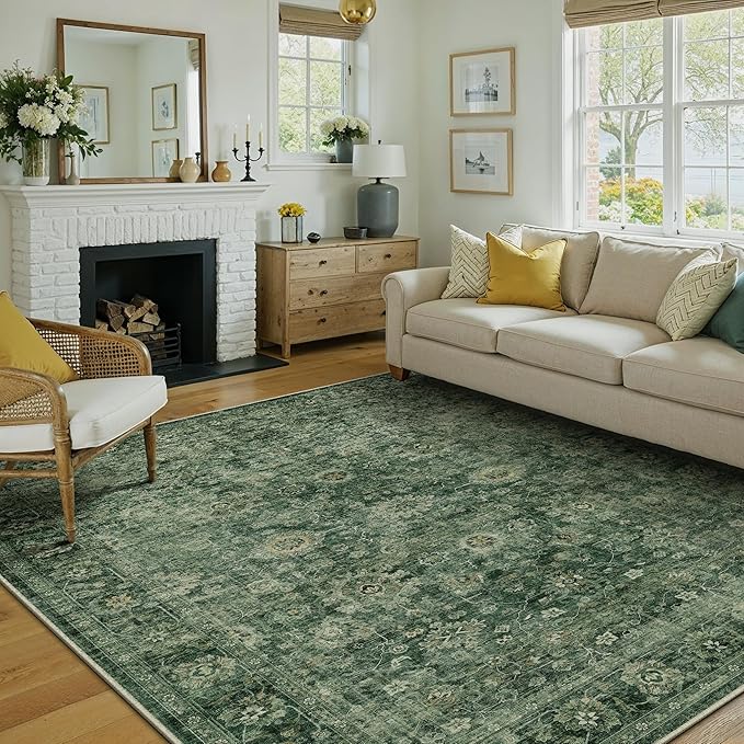 9x12 Green Vintage Area Rug for Living Room Bedroom Distressed Rustic Large Carpet Non-Slip Low Pile Lightweight Vacuumable Soft Washable Throw Rug for Indoor Dining Room