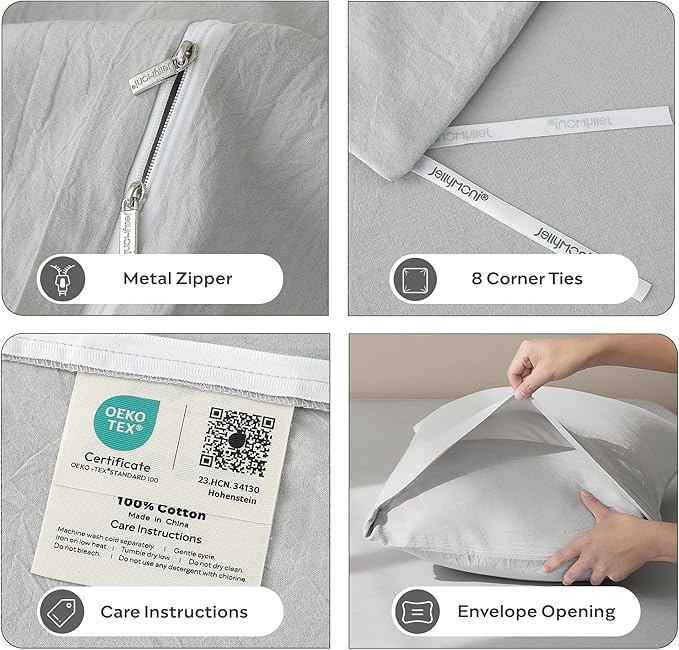 JELLYMONI Duvet Cover Full Size - Washed Cotton Comforter Cover with Linen-Like Texture,Breathable & Soft Bedding for Modern Home,Guest Room and Everyday Use,Pale Grey 1 Duvet Cover & 2 Pillowcases