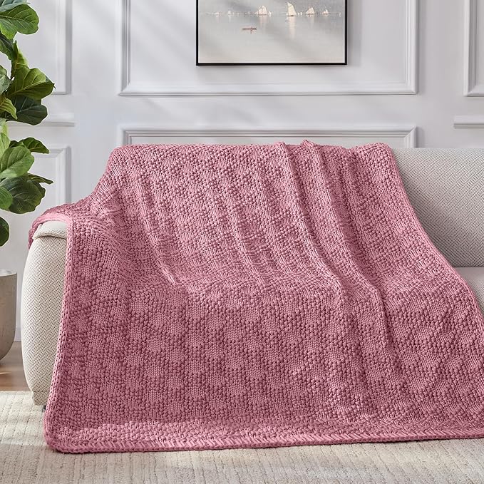 Knitted Weighted Blanket for Adult, Chunky Knit Weighted Throw for Sleep 50"*60" 5lbs, Cooling Breathable Heavy Blanket for Hot Sleepers, Machine Washable Blanket for Room Decor(Pink)