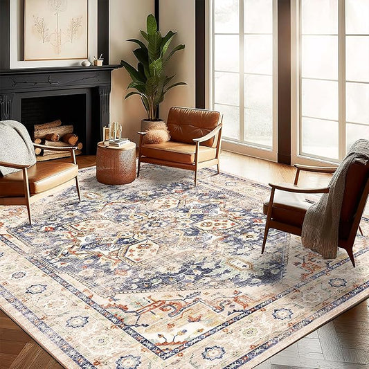 Washable Area Rug 9'x12' Blue Khaki Retro Flowers Boho Design Non-Shedding Easy Care Ideal for High Traffic Areas in Living Room Bedroom Office Coffee Table Kitchen Large Carpet