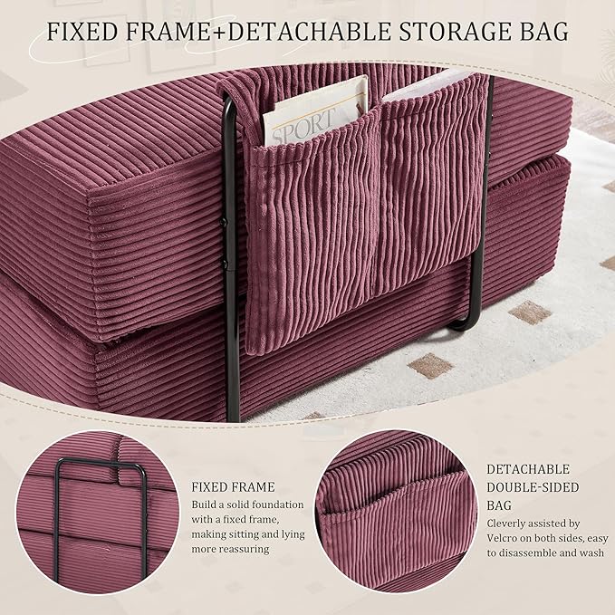 106" Oversized Convertible Sleeper Sofa Bed, Corduroy L Shape Sectional Couch, Folding Sofa Bed with Side Pocket, Modern Cloud Floor Mattress Couch, Modular Sofa for Living Room, Wine Red