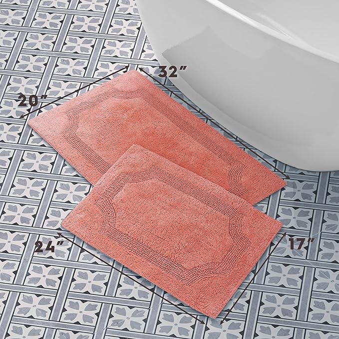Laura Ashley - Reversible Cotton Bath Mat, Premium Bathroom Décor, Machine Washable Bathroom Rug, Highly Absorbent, 17"x24"/20"x32" 2-Piece Set, Coral