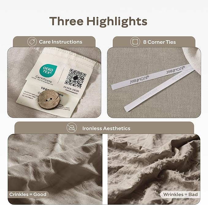 JELLYMONI Cotton Duvet Cover Queen Size - Taupe Comforter Cover with Button 100% Washed Cotton 3PCS Breathable Soft Solid Bedding Set Duvet Cover 90×90in & 2 Pillowcases (NO Comforter)