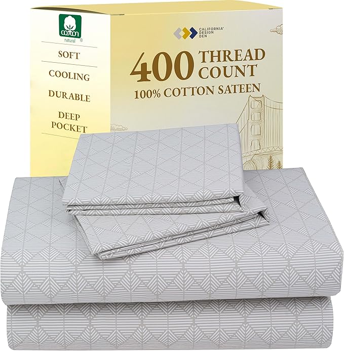 California Design Den California King Sheet Sets - 400 Thread Count Sateen, Natural 100% Cotton Sheets, Deep Pocket and Durable Bedding Set - Taupish-Sage Crosshatch CaliforniaDesignDen
