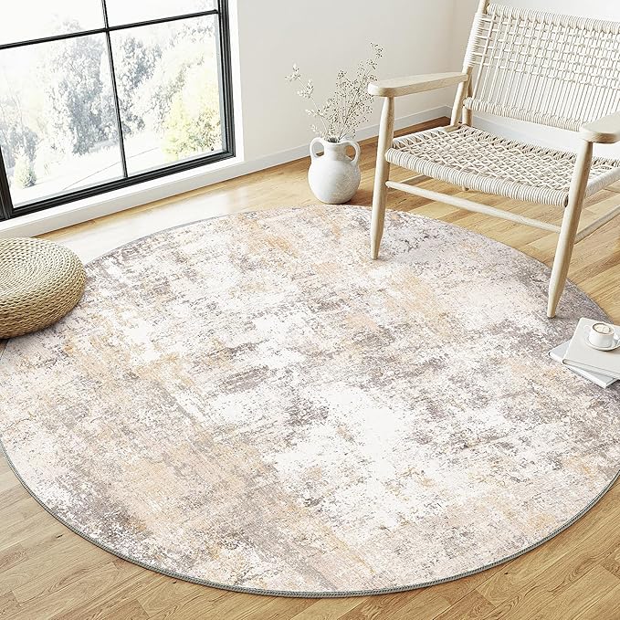6x6 Washable Round Rug Beige Grey Abstract Living Room Bedroom Area Rug Neutral Modern Non Slip Soft Low Pile Indoor Carpet for Dining Room Office Entryway