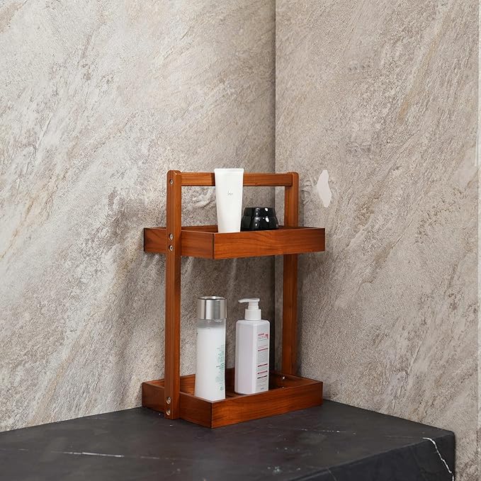 Utoplike Teak Wood Shower Caddy Corner, 2 Tier Bathroom Organizer Countertop, Standing Shower Rack with Handle, Stand Up Shower Basket for Shampoo, Shelf Rack for Inside Shower, Kitchen Desktop