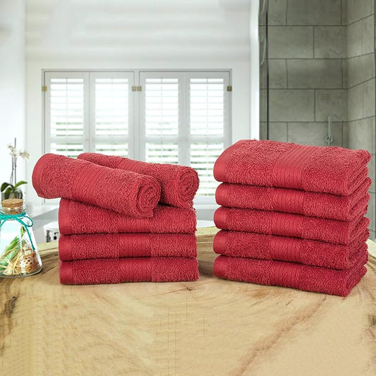 Ample Decor Wash Cloths Pack of 10, 600 GSM 100% Cotton Soft Absorbent, Premium Quality Durable, Ideal for Bathroom, Pool, Hotel, Spa - Red