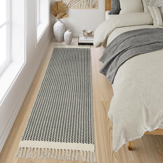Lahome Boho Hallway Runner Rug, 2x7 Kitchen Runners Rug Washable Bath Rugs for Bathroom Woven Cotton with Tassels, Farmhouse Carpet Non Shedding Grey Rugs for Bedroom Laundry