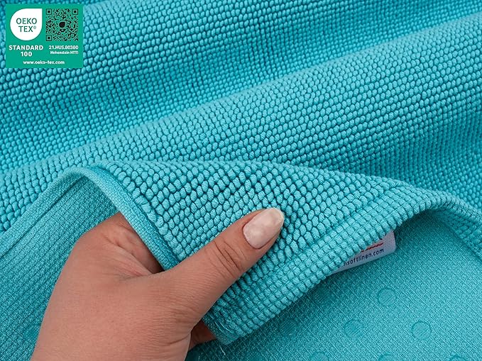 American Soft Linen Bath Rug, 17 in 24 in 100% Cotton Bath Mats Rugs for Bathroom, Slip Reducer Washable Shaggy Form Area Rugs, Turquoise Blue Bath Rug