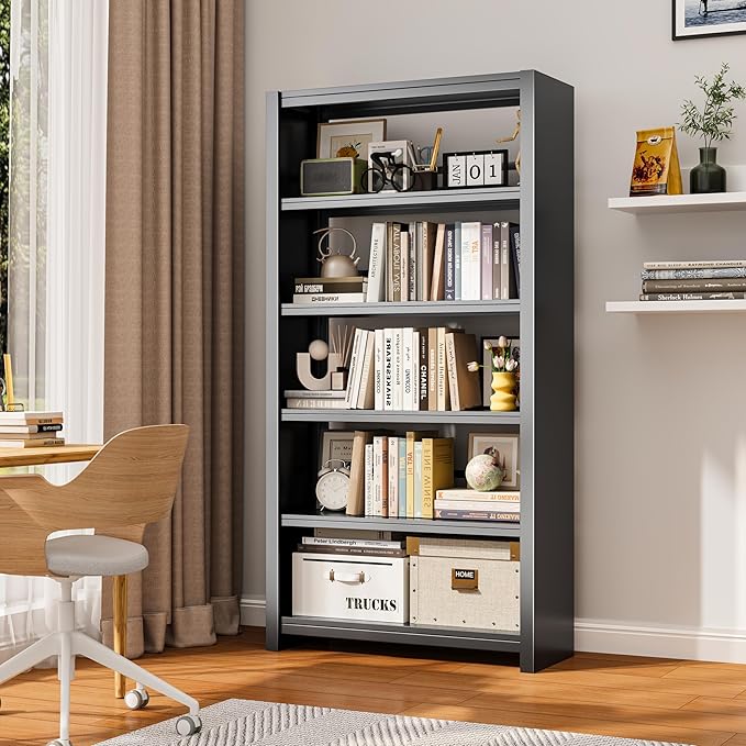 Book Shelf 69" H, 5-Tier Metal Shelving, Modern Black Bookshelf, Tall Bookcase for Bedroom, Living Room, Home Office, Library, Screw-Free Installation