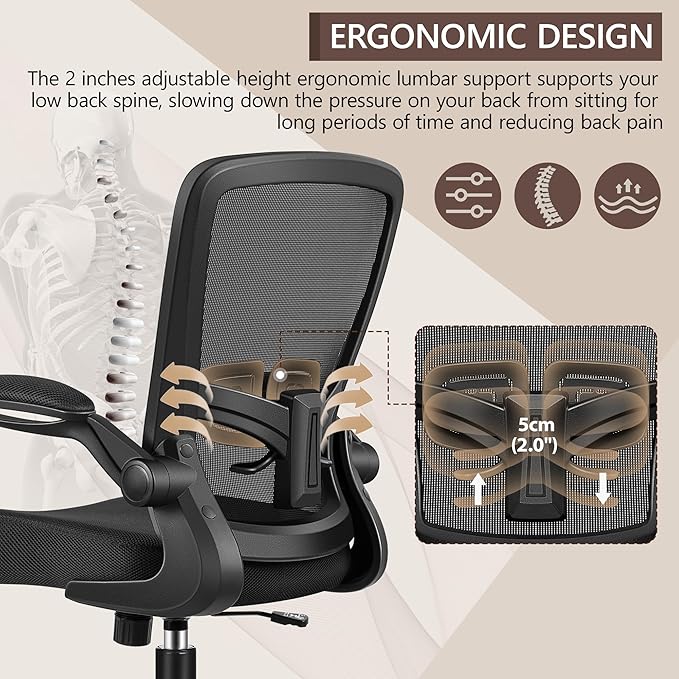 Ergonomic Office Chair - High Back Mesh Computer Desk Chair with Adjustable Lumbar Support, Flip-Up Armrests, Tilt Function - Perfect for Gaming, Work, and Study -Light Black