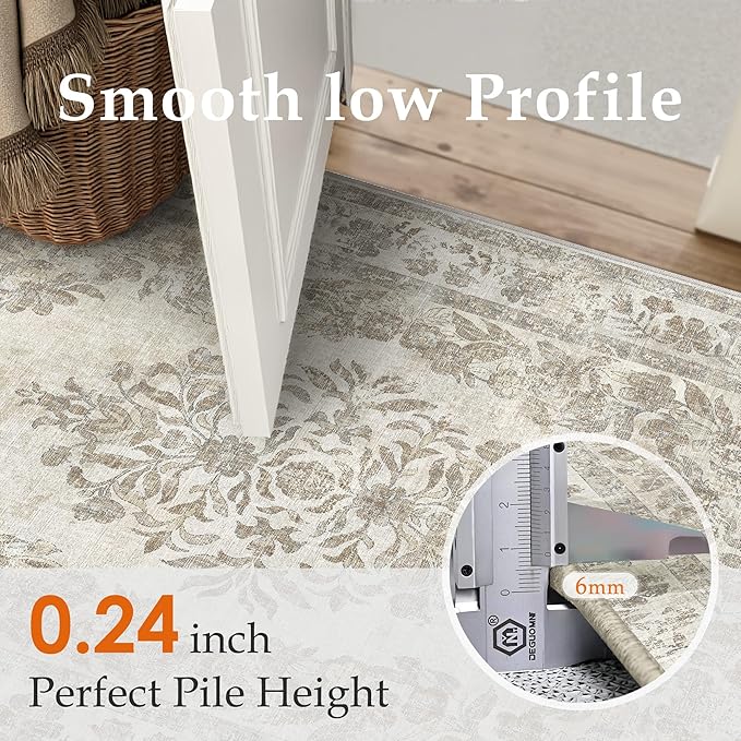 3x5 Area Rug Beige Washable Office Vintage Distressed Carpet Bedroom Indoor Medallion Floral Living Room Non Slip Retro Throw Floor Mat for Dining Room Kitchen Bathroom