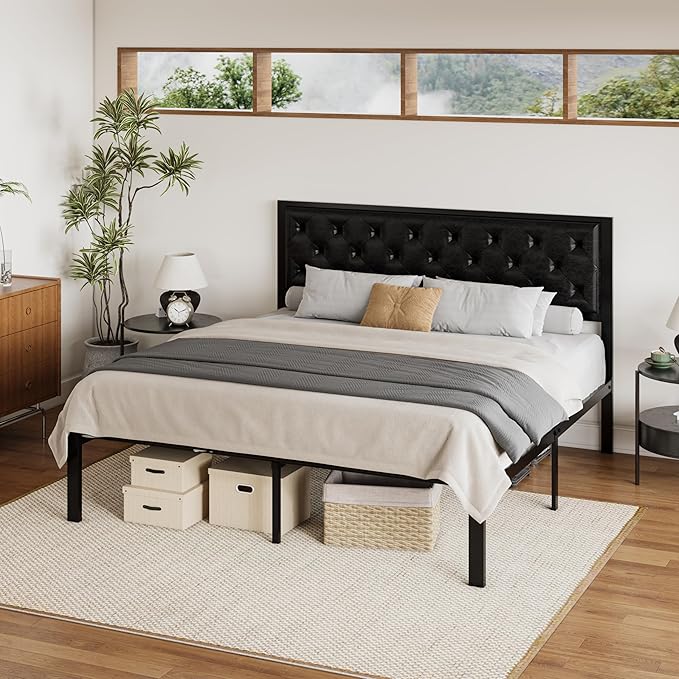 SHA CERLIN King Size Metal Platform Bed Frame, PU Leather Upholstered Button Tufted Headboard, Mattress Foundation with 12.4” Under-Bed Storage, Noise-Free, Easy Assembly, No Box Spring Needed, Black