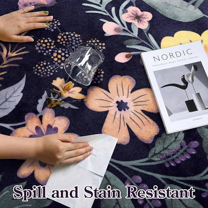 Lahome Floral Washable Rugs for Living Room, 5x7 Area Rugs Ultra-Thin Soft Rug, Non-Slip Bedroom Rug Stain Resistant Lightweight Boho Low-Pile Throw Carpet for ‎Dining Room Office (5x7ft,Purple)