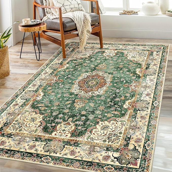 Green Rug 3'x5',Washable Area Rugs for Bedroom Living Room Kitchen Entryway Bedside,Small Boho Vintage Bohemian Distressed Oriental Non Slip Carpet,Retro Sage Floral