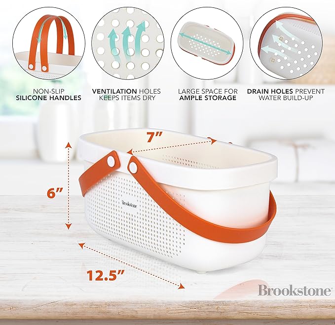 Brookstone BKH1635, Large Portable Shower Caddy with Soft Silicone Carrying Handle, Bathroom Organizer Basket, Plastic Bath Tote, Dries Quickly with Drainage Holes [BPA Free], White