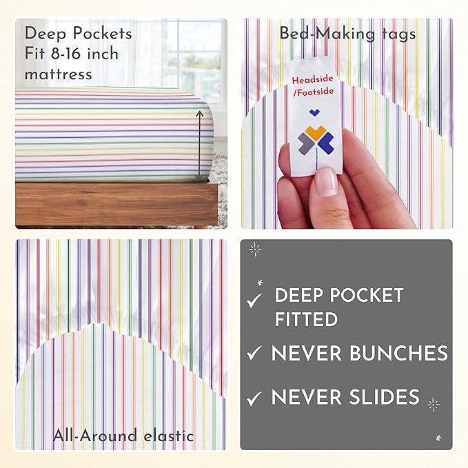 California Design Den Striped Queen Sheet Set - 400 Thread Count Sateen, Natural 100% Cotton Sheet Set Queen Size, Deep Pocket and Durable Bedding - Rainbow Striped