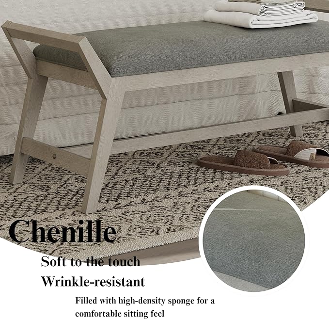 51" End of Bed Bench, Entryway Bench with Solid Wood Frame Fabric Upholstered Ottoman Bench for Bedroom/Entry/Hallway/Living Room, Chenille Grey