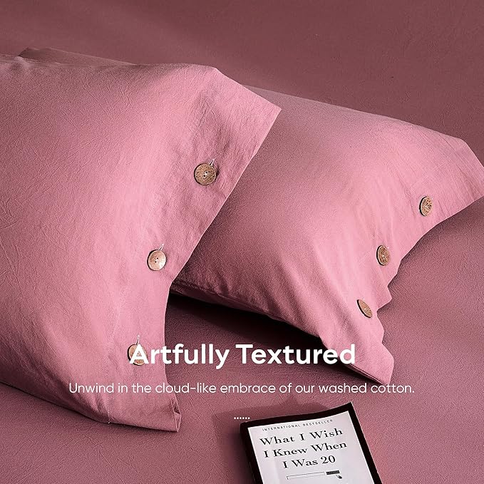 JELLYMONI 100% Washed Cotton King Pillowcases Set, 2 Pack Linen-Like Texture Breathable Pillow Covers with Button Closure,Maroon King 20"×36"(Pillows are not Included)