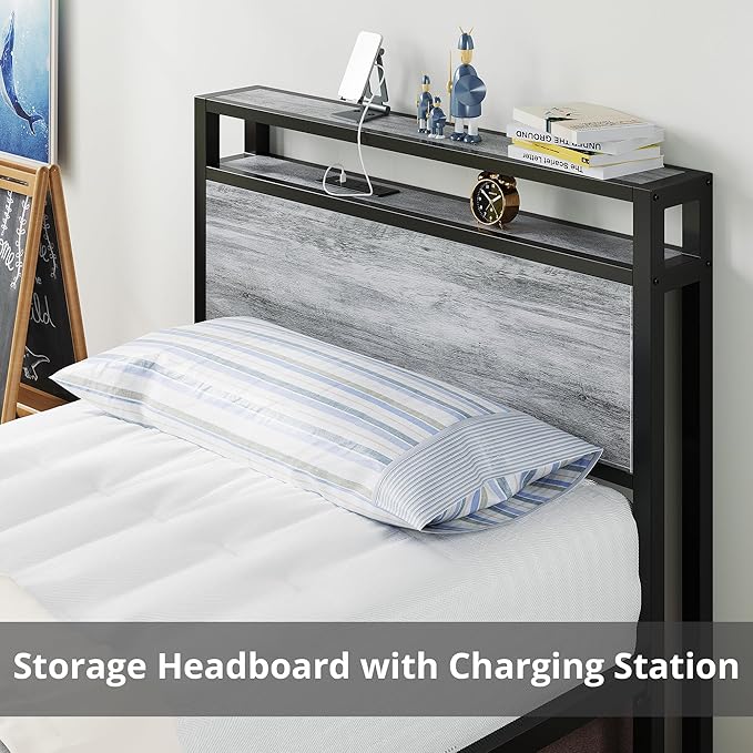LIKIMIO Twin Bed Frames with Drawer, Storage Headboard with Outlets, No Box Spring Needed, Easy Assembly, Industrial Gray
