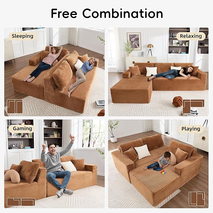 108" Boneless Couches for Living Room, Modular Sectional Sofa with Oversized Chaise, L-Shape Cloud Couch with Deep Seat, High-Density Memory Foam, No Assembly Required, Plush Corduroy Brown