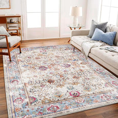 5'x7' Washable Vintage Area Rug Traditional Floor Cover Foldable Kitchen Accent Thin Rug Indoor Distressed Non Slip Carpet Floral Print Mat Bedroom Living Room Bathroom