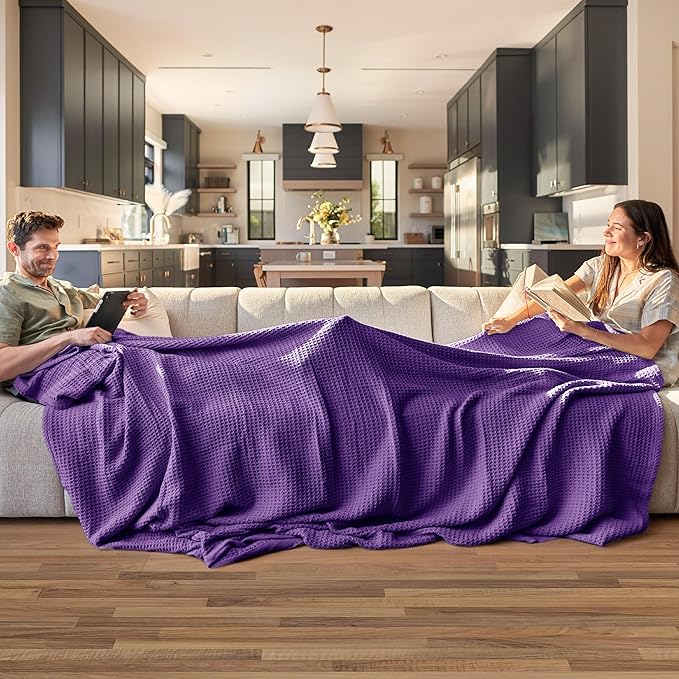 Bedsure Gentlesoft 100% Cotton Blanket Queen Size for Bed - Breathable and Soft, Thick Cozy Waffle Weave Christmas Blanket Gift for Women, Purple, 90x90 Inches