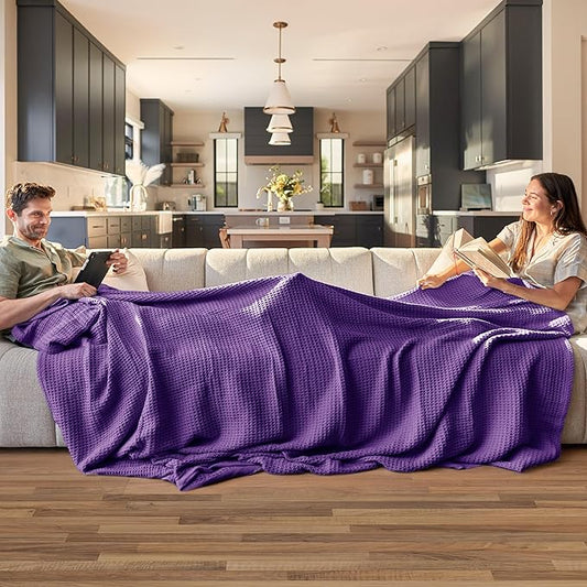 Bedsure Gentlesoft 100% Cotton Blanket King Size for Bed - Breathable and Soft, Thick Cozy Waffle Weave Christmas Blanket Gift for Women, Purple, 104x90 inches