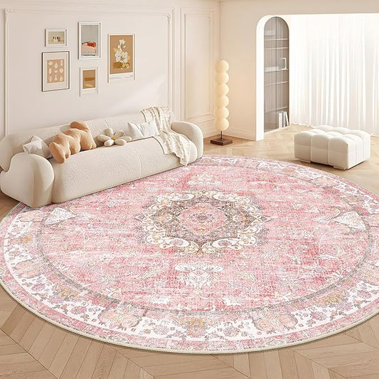 Large Pink Round Rug 9ft,Boho Circle Area Rugs for Bedroom Living Room,Washable Vintage Bohemian Distressed Oriental Floral Carpet Non Slip,Blush Floral Flowers