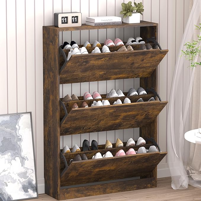 Shoe Cabinet with 3 Flip Drawers, Hidden Wood Shoe Cabinet,Freestanding Shoe Storage Cabinet for Entryway Hallway