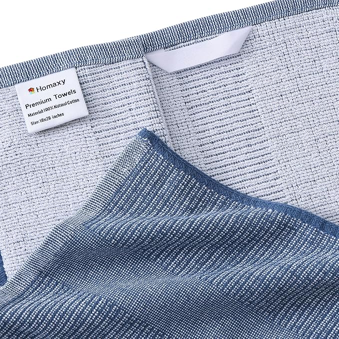 Homaxy Premium Kitchen Towels(18”x 28”, 6 Pack), Large Cotton Kitchen Hand Towels, Flat and Terry Dish Towels, 380 GSM Highly Absorbent Tea Towel Set with Hanging Loop, Navy Blue/Grey/Black