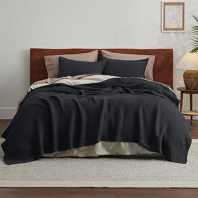 Bedsure Gentlesoft 100% Cotton Blanket Queen Size for Bed - Breathable and Soft, Thick Cozy Waffle Weave Christmas Blanket Gift for Women, Black, 90x90 Inches