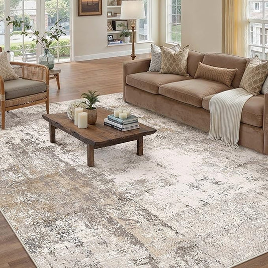 5x7 Washable Area Rug Brown Grey Abstract Living Room Bedroom Throw Rug Neutral Modern Non Slip Soft Low Pile Indoor Carpet for Dining Room Office Entryway