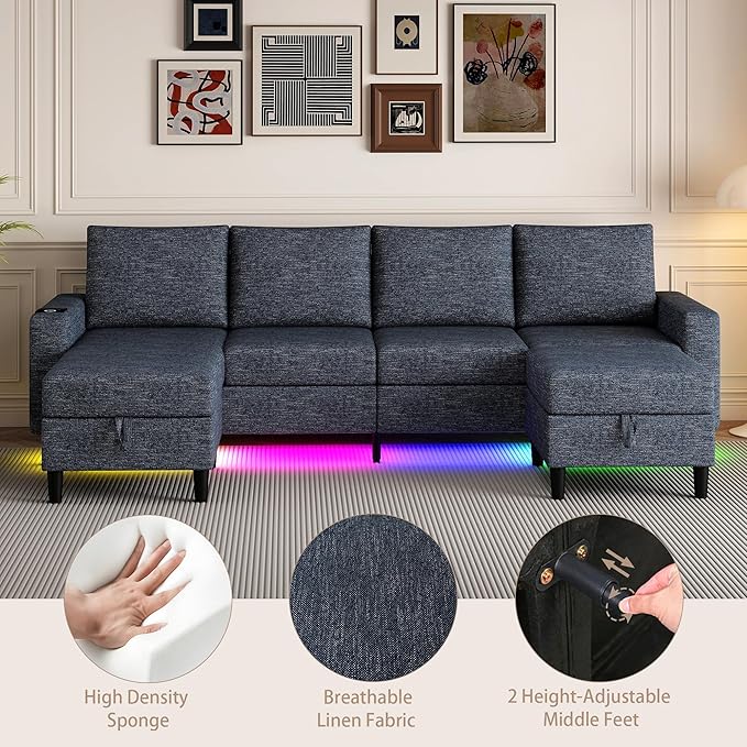 Sectional Couches for Living Room, 4 Seat Sectional Sofa with Smart Module-Wireless Charging/USB/Type-C/RGB Light, U Shaped Couch with Reversible Chaise Lounge/Storage Ottoman (Blue)