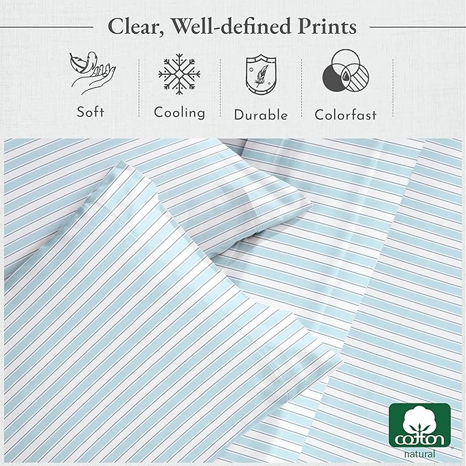 California Design Den Deep Pocket Twin Sheets Set - 400 Thread Count Sateen, Natural 100% Cotton Sheets, and Durable Bedding Set - Cape Stripe CaliforniaDesignDen