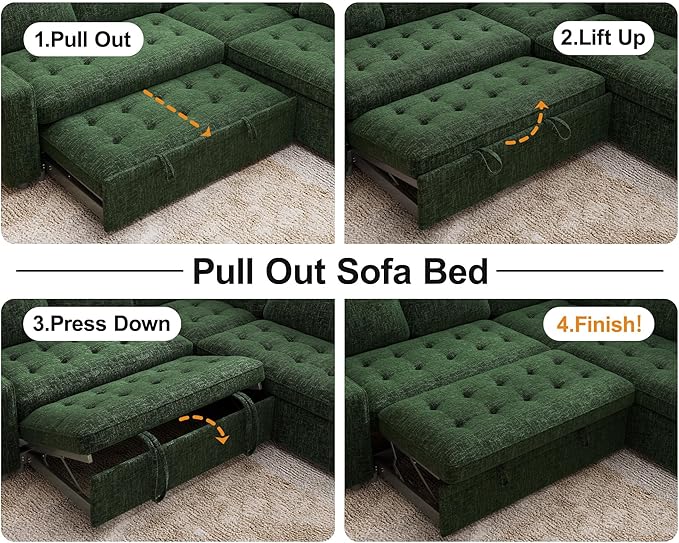 WEUP 5 Seat L Shaped Sectional Sleeper Sofa Bed with Pull Out Bed, Chenille Sectional Sleeper Couch with Adjustable Backrest, USB Ports & Storage Seat, Tool-Free Assembly, Chenille Green